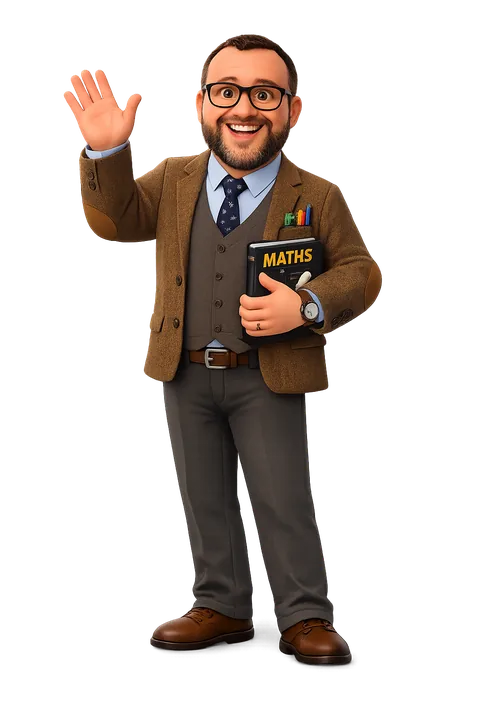 Portrait of Mr Emeny waving and holding a maths book