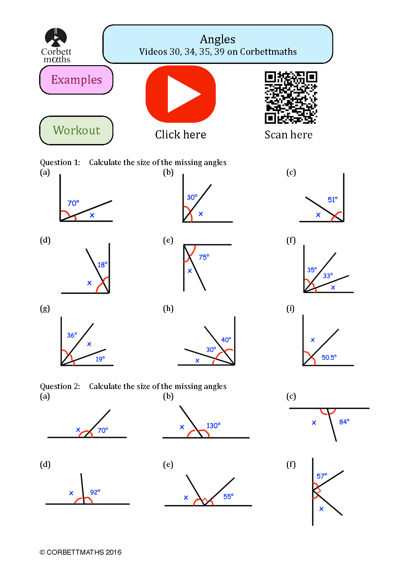 Corbett worksheet Angles: Question 1 parts a to i, angles in a right angle