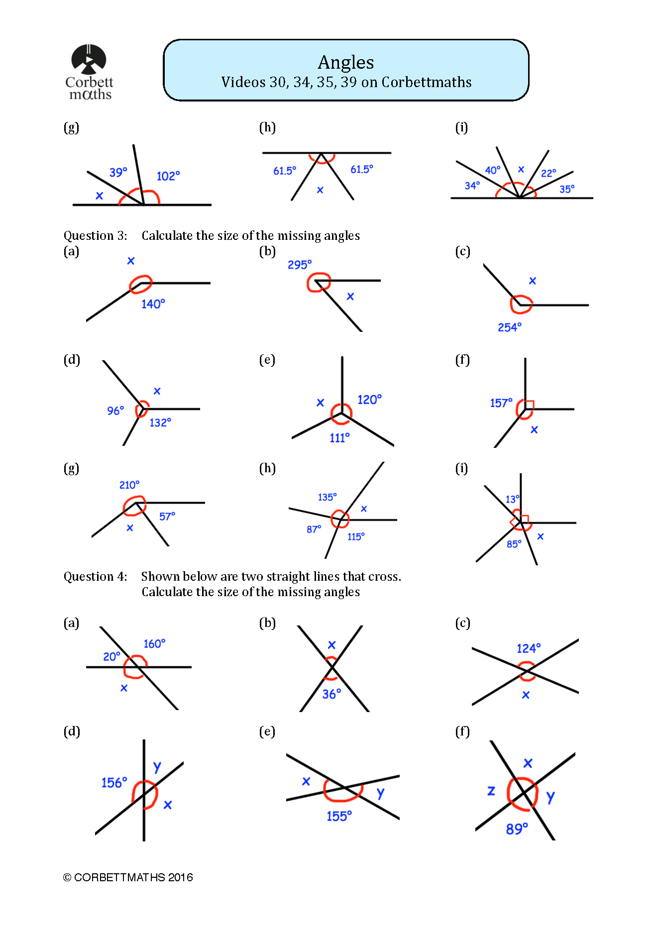 Angles worksheet Question 2 continued g to i
