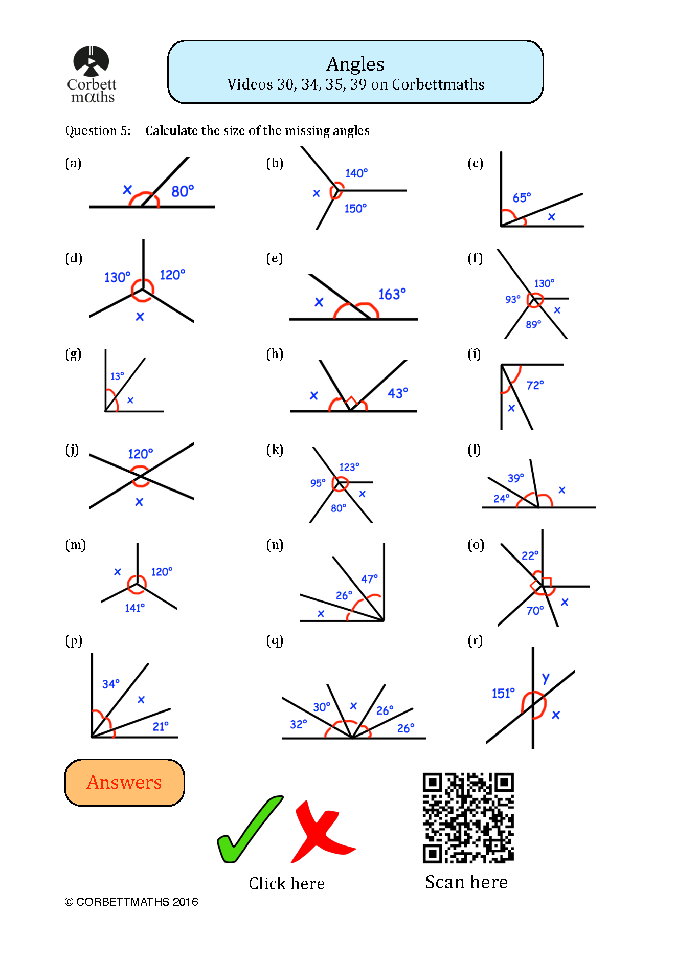 Angles worksheet Question 5 mixed diagrams a to r