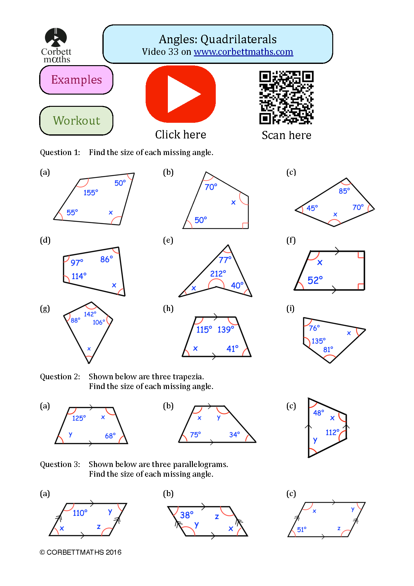 Angles in a quadrilateral worksheet