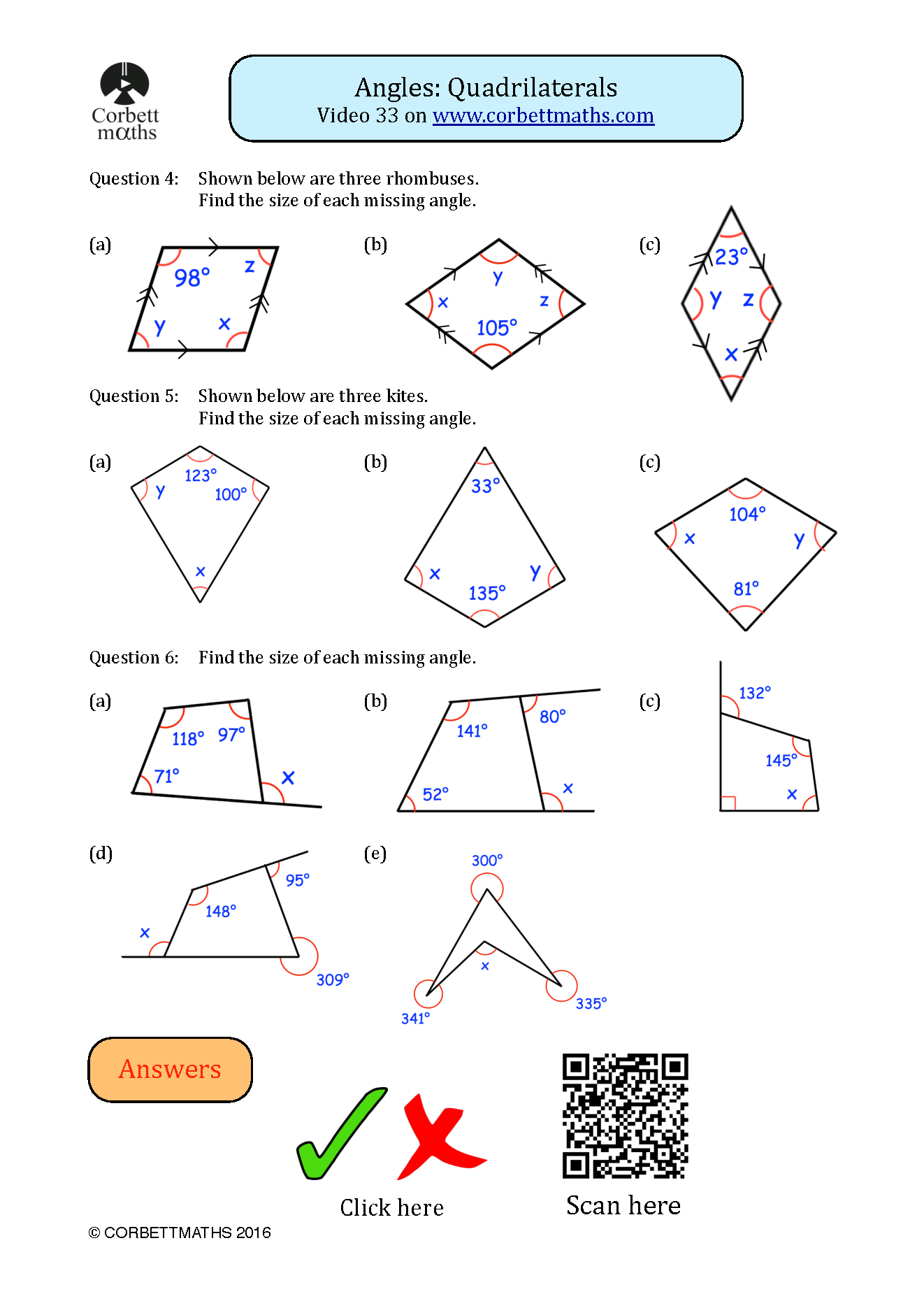 Extra quadrilateral worksheet page with rhombus, kite and mixed diagrams