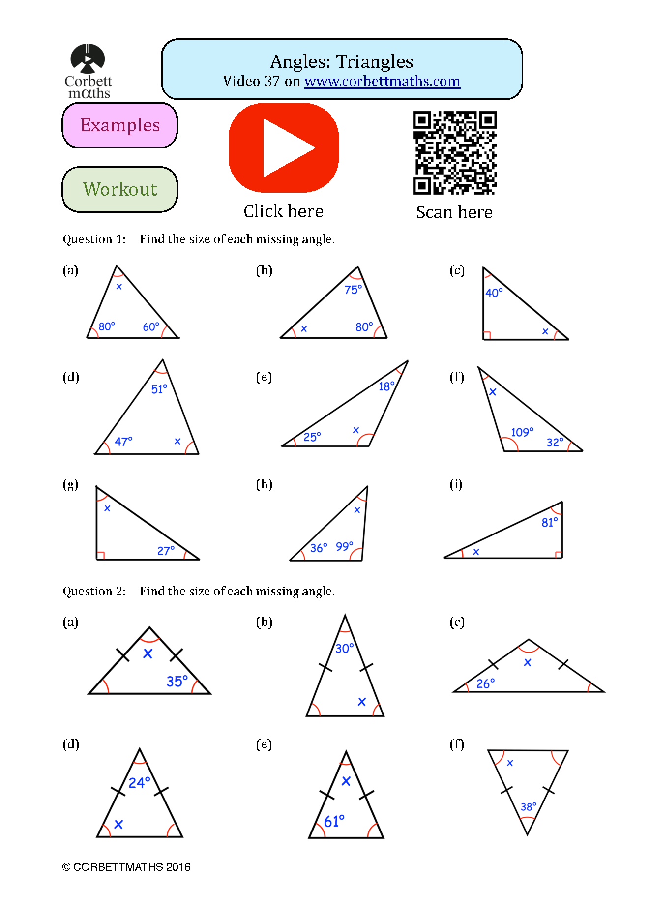 Angles in a triangle worksheet page 1