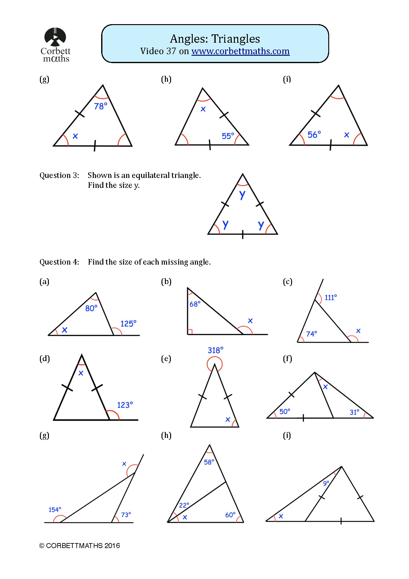 Triangle worksheet page 2 showing Question 2 parts g to i at the top